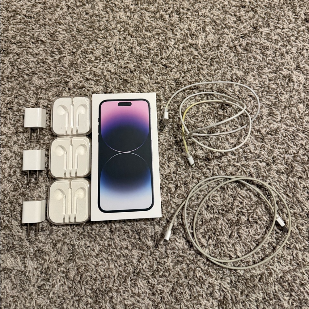 Apple iPhone 14 Pro Max Box, 3 Adapters, 3 Earphone Cases, and 2 Charging Cables